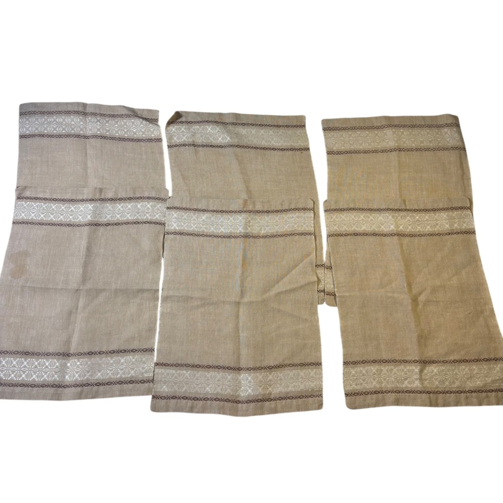 Vintage‎ Helen Lighthall Hand Woven Linen Napkins Set of 6 Beige Brown 18x13"